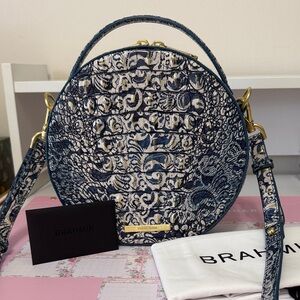 Brahmin Navy and Cream Round Floral Embossed Crossbody